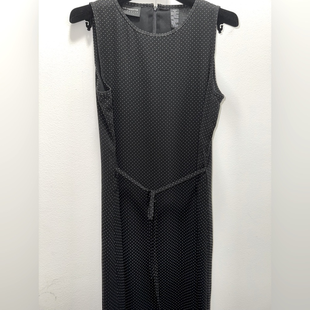 VTG Liz Claiborne Women Long Dress Lined Made in USA Sz 12P Black White Dots